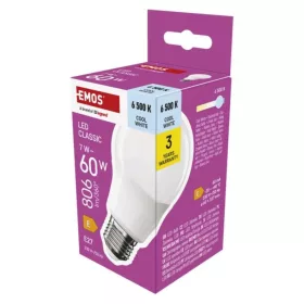   LED izzó Classic A60, E27, 7 W (60 W), 806 lm, Hideg fehér, 6500K, 230V, CRI>80, EMOS, ZQ5E44