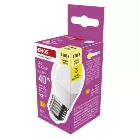   LED izzó Classic Mini Globe, E27, 4,2 W (40 W), 470 lm, Meleg fehér, 2700K, 230V, CRI>80, EMOS, ZQ6E21