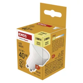   LED izzó Basic MR16, GU10, 5,2 W (40 W), 450 lm, Meleg fehér, 3000K, 230V, CRI>80, EMOS, ZL8F22
