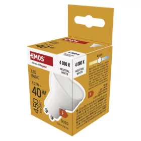   LED izzó Basic MR16, GU10, 5,2 W (40 W), 450 lm, Természetes fehér, 4000K, 230V, CRI>80, EMOS, ZL8F23