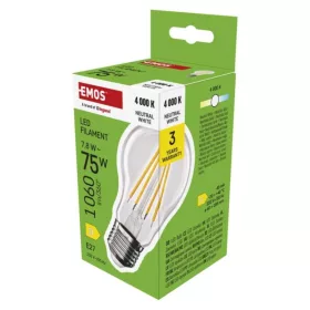  LED izzó Filament A60, E27, 7,8 W (75 W), 1060 lm, Természetes fehér, 4000K, 230V, CRI>80, EMOS, ZF5D53
