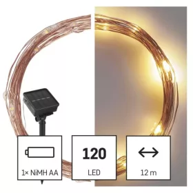   LED nano lánc napelemmel, réz, 12 m, kültéri és beltéri, meleg fehér, időzítő, IP44, EMOS, D3ZW01