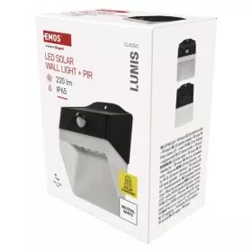   EMOS LED SOLAR lámpatest LUNIS PIR, 200lm IP65 természetes fehér, 4000K, 220, 3,7V, CRI> 80, fekete, ZG151S