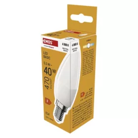   LED izzó Basic gyertya, E14, 5,5 W (40 W), 470 lm, Semleges fehér, 4000K, 230V, CRI>80, Természetes fehér, EMOS, ZL3F23