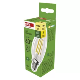   LED izzó Filament gyertya A CLASS/ E14, 3,8 W (60 W), 806 lm, Meleg fehér, 2700K, 230V, CRI>80, EMOS, ZF3A42