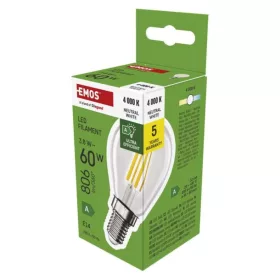   LED izzó Filament Mini Globe  A CLASS/ E14, 3,8 W (60 W), 806 lm, Természetes fehér, 4000K, 230V, CRI>80, EMOS, ZF1A43