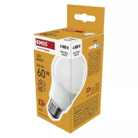   LED izzó Basic A60, E27, 8,8 W (60 W), 806 lm, Természetes fehér, 4000K, 230V, CRI>80, EMOS, ZL5F48