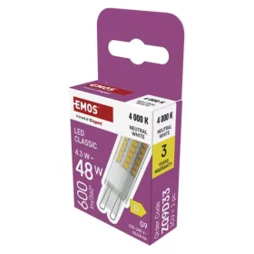   LED izzó Classic JC, G9, 4,3 W (48 W), 600 lm, Természetes fehér, 4000K, 220-240V, CRI>80, EMOS, ZQ9D33