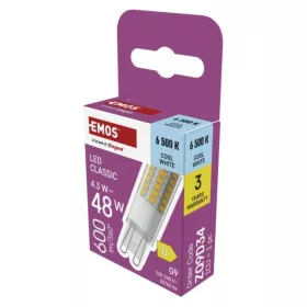   LED izzó Classic JC, G9, 4,3 W (48 W), 600 lm, Hideg fehér, 6500K, 220-240V, CRI>80, EMOS, ZQ9D34