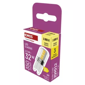   LED izzó Classic JC, G9, 2,5 W (32 W), 350 lm, meleg fehér, 3000K, 220-240V, CRI>80, EMOS, ZQ9D12