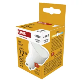   LED izzó Basic MR16 fehér/ GU10, 10 W (72 W), 1000 lm, Természetes fehér, 4000K, 220-240V, CRI>80, EMOS, ZL8F53