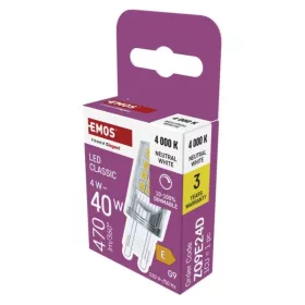   LED izzó Classic JC, G9, 4,2 W (40 W), 470 lm, Természetes fehér, dimmelhető, 4000K, 230V, CRI>80, EMOS, ZQ9E24D