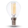 LED izzó átlátszó filament gömb alakú E14 130LM/W, 6w, 2700K, meleg fehér, 800lm, 300°, CRI>80, V-TAC, 2854