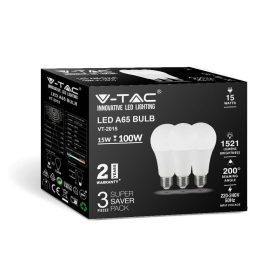   LED izzó E27, 15w, 3000K, meleg fehér, 1521lm, 200°, fehér, CRI>80, 3 db/csomag, V-TAC, 212819