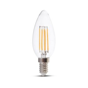   LED izzó átlátszó filament gyertya alakú E14, 4w, 3000K, meleg fehér, 400lm, 300°, CRI>80, V-TAC, 214301