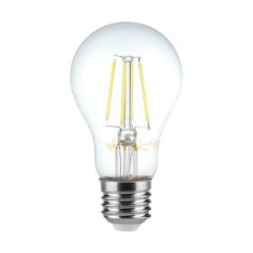   LED izzó átlátszó filament szál-A60-E27, 6w, 4000K, természetes fehér, 600lm, 300°, CRI>80, V-TAC, 214303