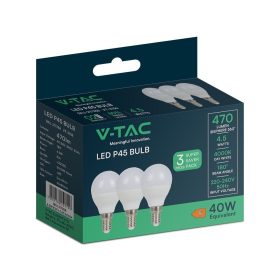   LED izzó gömb alakú E14, 4,5w, 4000K, természetes fehér, 470lm, 180°, fehér, CRI>80, 3 db/csomag, V-TAC, 217358