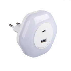   LED lámpatest , éjszakai irányfény , 2 db USB csatlakozóval (USB-A + USB-C) , 0.22W/15W , meleg fehér , BOLA