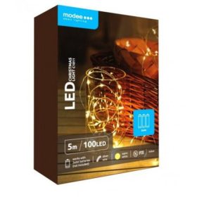   Led fényfüzér , beltéri , meleg fehér , rézszálás , elemes ,100 LED , 5 m  , IP20 , Modee
