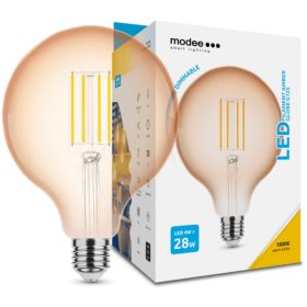   LED lámpa , égő , izzószálas hatás , filament  , E27 foglalat , G125 , 4 Watt , dimmelhető , meleg fehér , 1800K , borostyán sárga , Modee