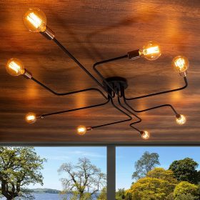   Modern ipari csillár, fekete fém test, 190 cm átmérő x 15 cm magasság | 6 db E27 aljzat (max. 40 W) | Stílusos világítás otthoni és irodai használatra, elegáns, egyszínű kialakítás, IP20 besorolás