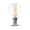 LED izzó átlátszó filament Clear gömb alakú E14, 4w, 4000K, természetes fehér, 400lm, 300°, fehér, CRI>80, V-TAC, 214425